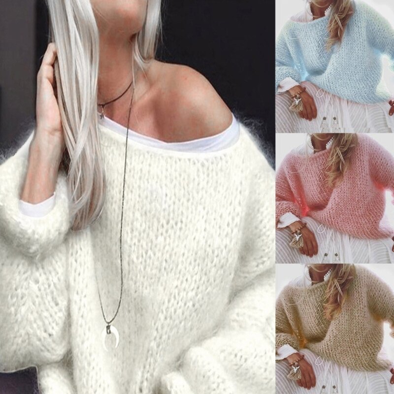 Женский свитер с длинными рукавами и круглым вырезом, нечеткий пуловер, топ, плотный вязаный однотонный свободный топ большого