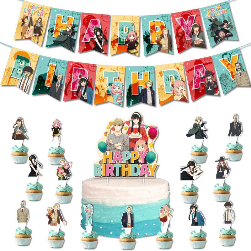 Spyxfamily-誕生日バルーンセット,アニメバナー,ケーキ挿入カード,装飾リボン,ベビーシャワー,パーティー