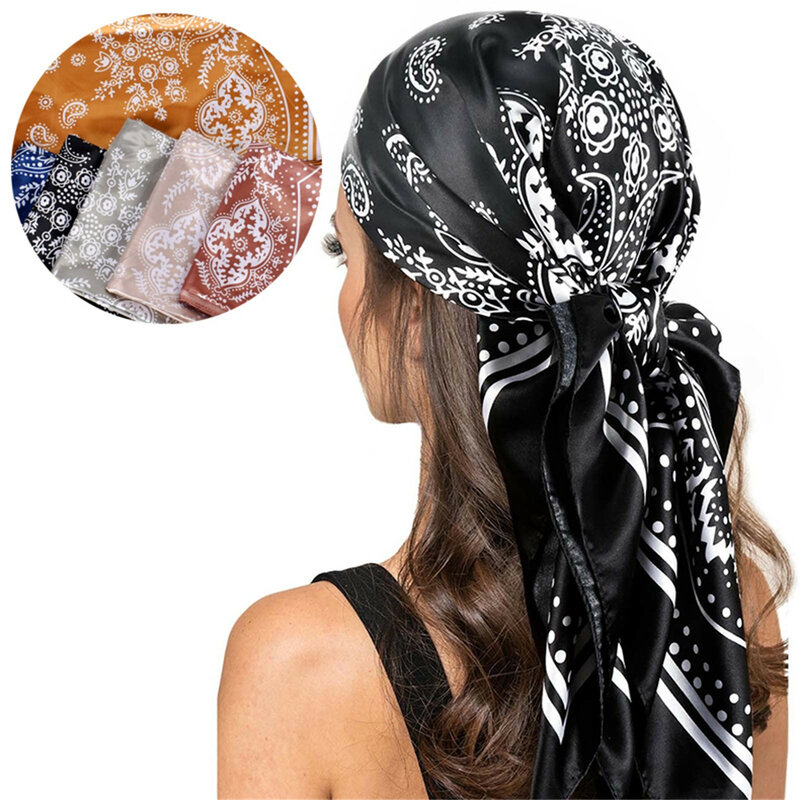 90*90cm Square Silk Scarf Headband For Women Retro Graphic Printing Hair Band Fashion Ties Hand Kerchief Bandana Shawl Hijab