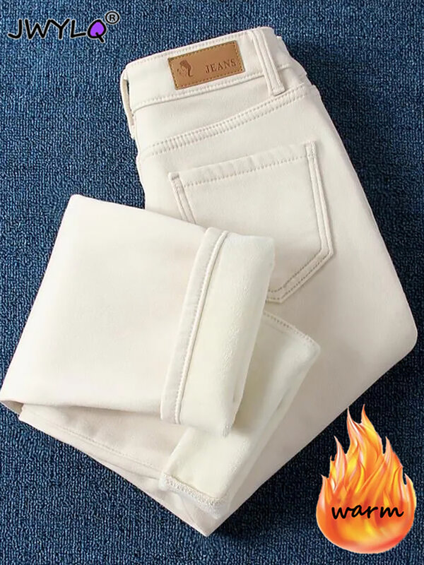 Classic Plus Velvet Cintura Alta Calças Retas Mulher Outono Inverno Quente Tornozelo-comprimento Calças Mulheres All-match Streetwear Mulheres Jeans