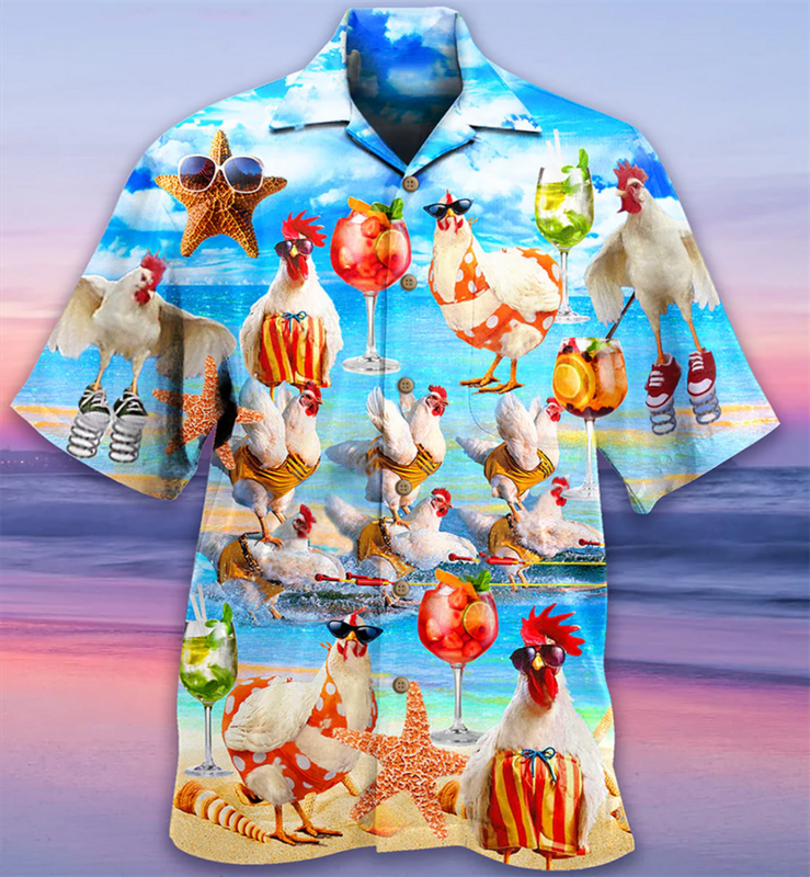 Newest Loose Breathable 3D Print Trendy Cool Fashion Chicken Shirts Beach Hawaiian Top Short Sleeves Summer Men's Shirts Men Tee