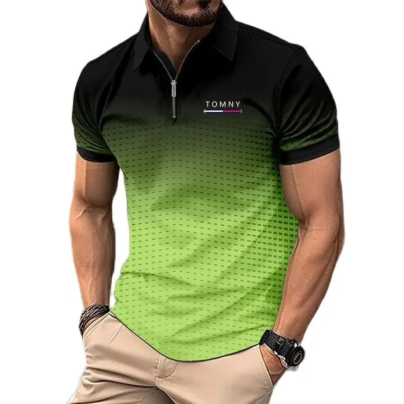 2024 Nowa wysokiej jakości letnia koszulka POLO z zamkiem błyskawicznym męska koszulka polo z gradientowym nadrukiem Modna sportowa oddychająca koszulka TOMNY