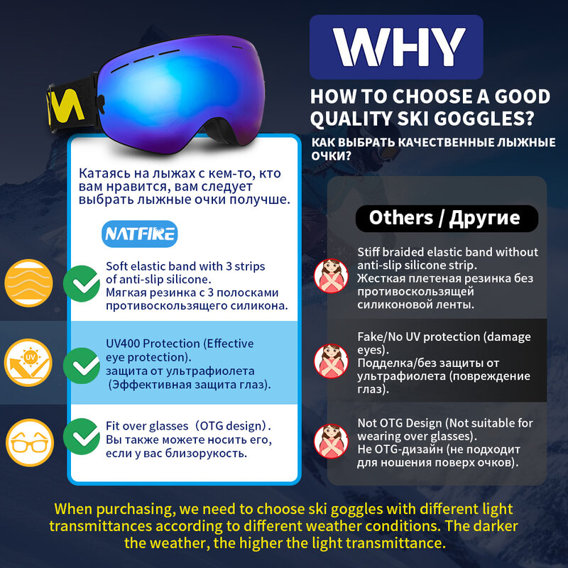 Gogle narciarskie Pro 100% UV400 ochrona przeciwmgielna wymienne szkła okulary narciarskie gogle śnieżne snowboardowych dla mężczyzn kobiet Natfire