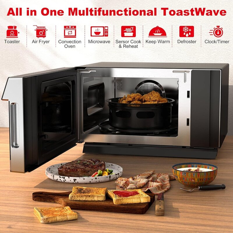 Forno de microondas com display LCD, Toast Wave, Forno, Cook, Reheat, 4-em-1, TotalFry 360, 1000W, Air Fryer