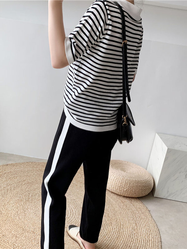 Stripe Knitted 2 Pieces Sets Women Knit Lapel Short Sleeve Pullover Tops Conjuntos Korean High Waist Ankle Length Pants Outfit