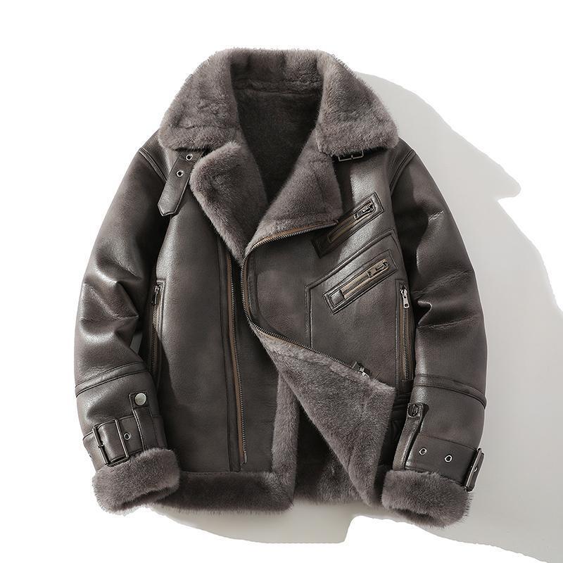 2023 men's short motorcycle jacket loose oversized fur integrated plush and thickened warm lapel casual  korean fashion outwear