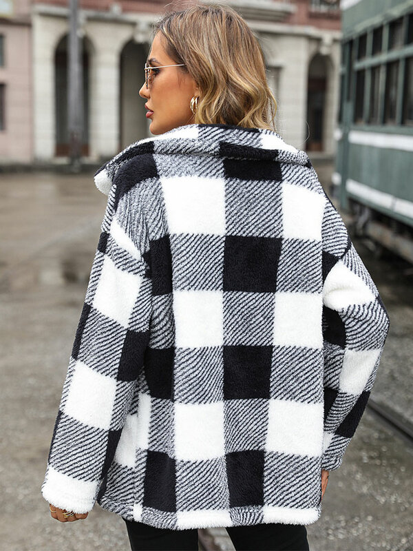 Двухсторонняя плюшевая повседневная куртка, осень/зима 2023, модное однобортное пальто в клетку в европейском и американском стиле с длинными рукавами и лацканами