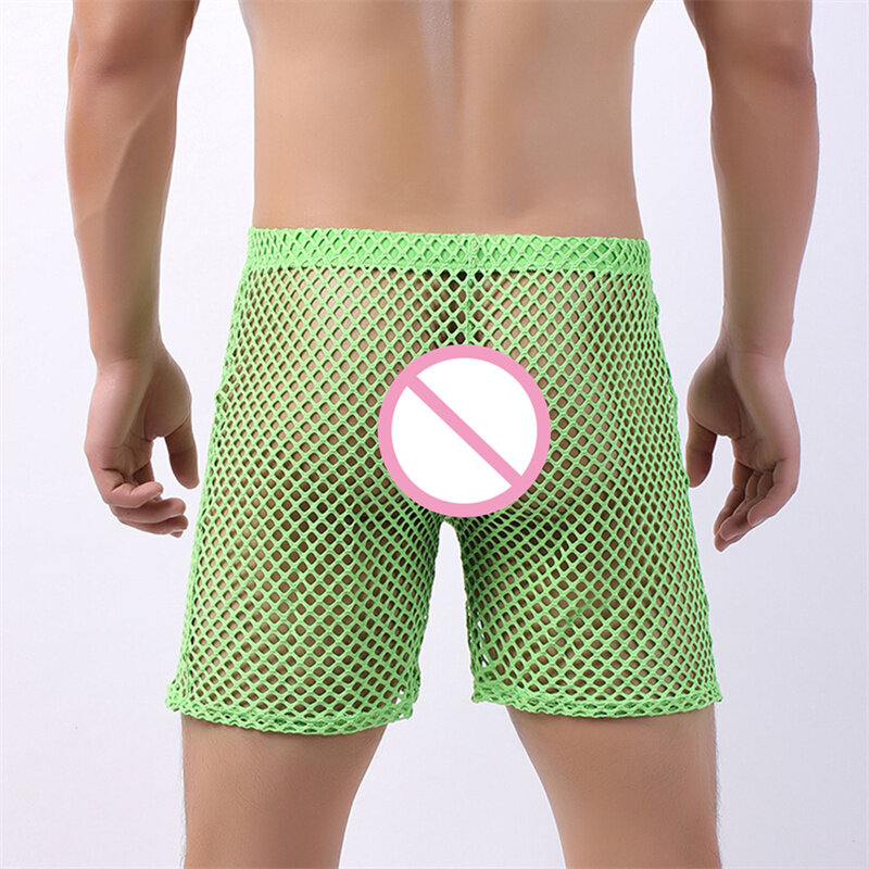 Men Mesh Boxers See Through Solid Trunks Mens Long Leg Shorts U Pouch Underwear Translucent Home Pajamas Sleep Bottoms 