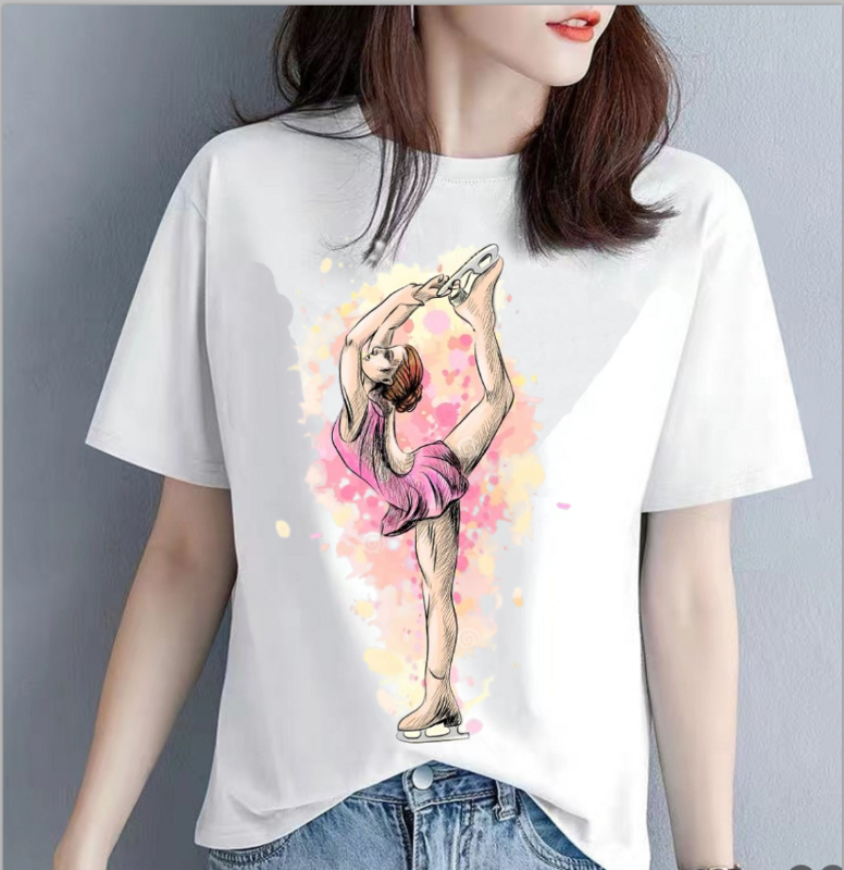 Camiseta de manga corta con estampado de acuarela para mujer, blusa estética Harajuku, ropa deportiva para Yoga, gimnasia en hielo, gran oferta