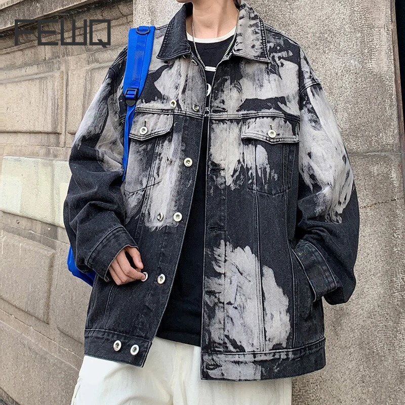 FEWQ Streetwear męska kurtka dżinsowa modne projekty luźna dwurzędowa płaszcz z klapami 2024 letnia nowa stylowa odzież męska 24x9031