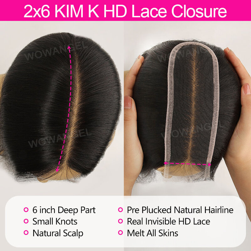 WOWANGEL-Cheveux vierges raides pré-épilés pour femmes, raie profonde, HD, fermeture en dentelle, Frmetals, ne fondent que la peau, cheveux raides, Kim K, 2x6