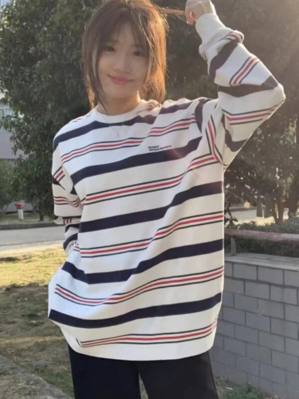 Vintage Striped Sweatshirt Women Harajuku Letter Embroidery Pullover Korean Fashion Long Sleeve T-Shirt Streetwear Loose Y2K Top