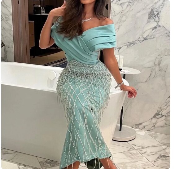 2024 Sleeveless Arabic Prom Dresses Off The Shoulder Net Decorate Zipper Up Ankle Length Bridesmaid Evening Wedding Party Gowns