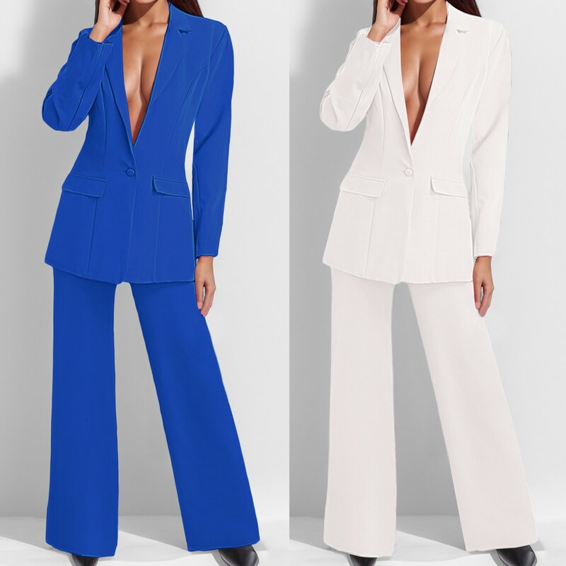 Setelan jaket wanita Solid 2024, set dua potong setelan celana kaki lebar setelan Blazer wanita pakaian Normal elegan