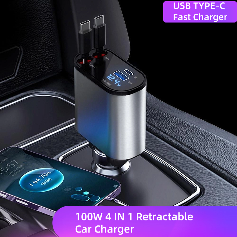 100w 4 in 1 einziehbares Auto ladegerät USB Typ C Kabel für iPhone Schnell ladekabel Zigaretten anzünder Adapter x4w3