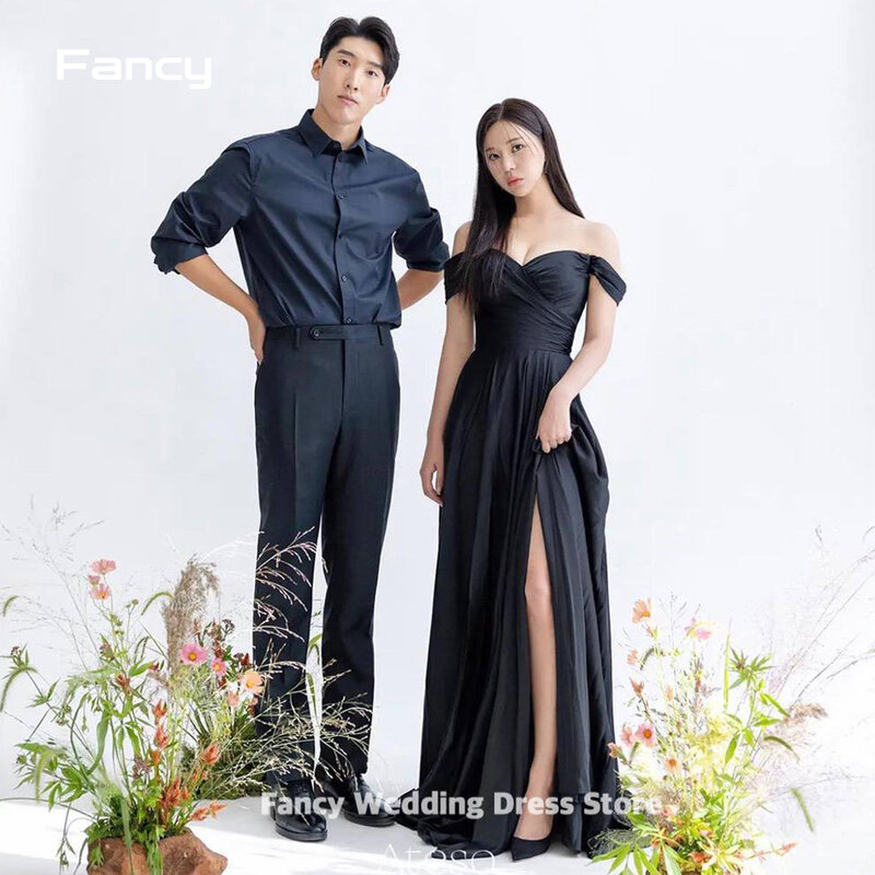 ชุดแต่งงานเปิดไหล่สีดำหรูหราแฟนซีชุดเจ้าสาวแขนสั้นผ้าแพรแข็งสำหรับถ่ายภาพแบบเกาหลี