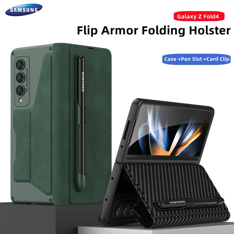 Capa de Couro Kickstand para Samsung Galaxy Z, Fold 4, S Pen Slot, Armadura Removível, Card Clip, Funda Folding Stand, 5G