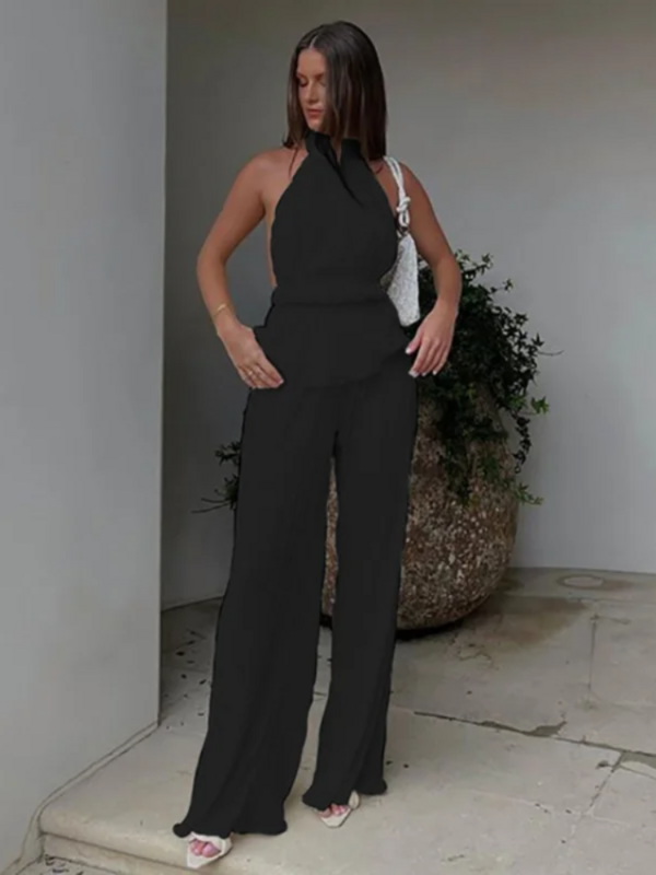 Summer Two Pieces Pant Set Women Sexy Backless Halter Tank Top and Full Length High Waist Wide Leg Pants Pleated Pant Set Women