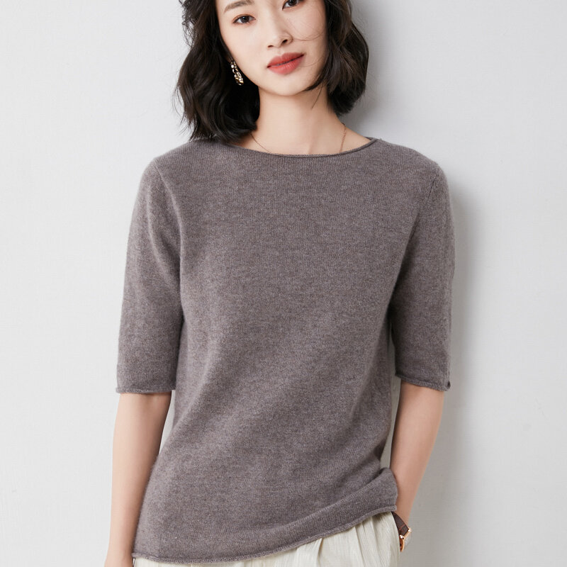 Atasan Lengan Lima Perempat Longgar Leher Bundar Gulung Setelan T-Shirt Sweter Rajut Wol Lengan Menengah Musim Panas Wanita dengan Lengan Pendek