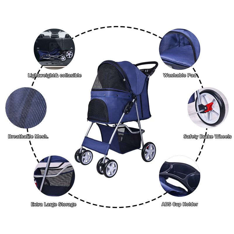 Portátil dobrável azul Pet Stroller, transportadora destacável, 4 Wheel Dog e Cat Transportadora