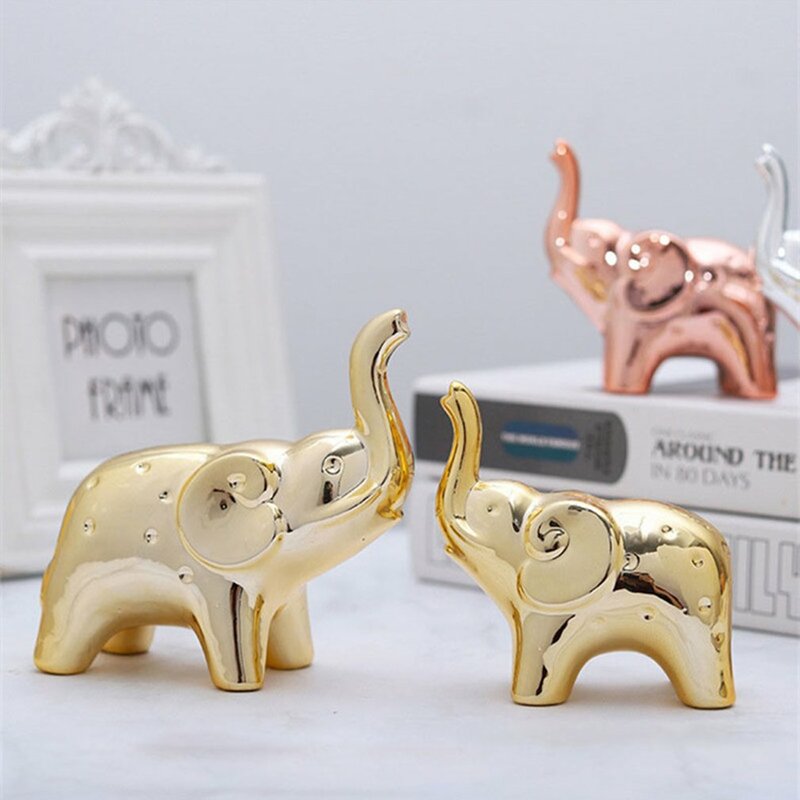 Un par de estatuas de elefante para decoración del hogar, escultura de figuras de estilo moderno para escritorio de oficina o sala de estar (cerámica plateada)