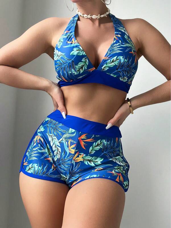 2024 Neck holder Bikini Set kurzen Badeanzug Frauen hohe Taille Bade bekleidung weibliche bedruckte Badegäste Schwimmen Badeanzug Beach wear