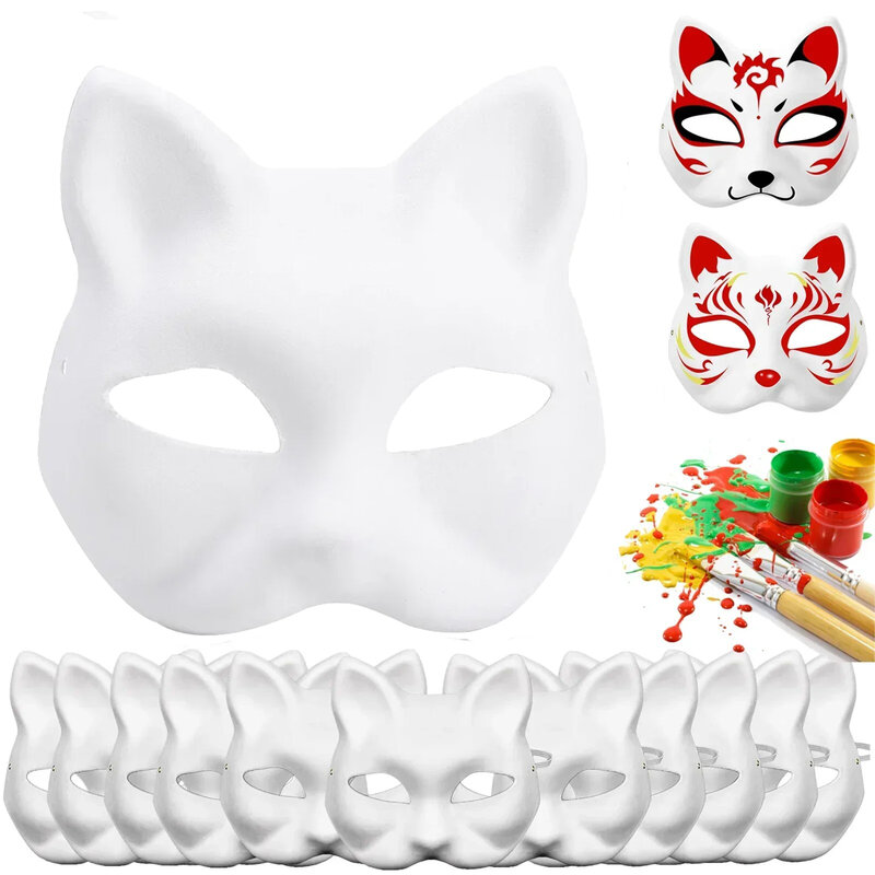 Máscara Meia Face Japonesa, Gato Pintado à Mão, Raposa, Anime, Assassino de Demônios, Mascarada, Halloween, Festival, Cosplay Prop, 10 Pcs, 5Pcs