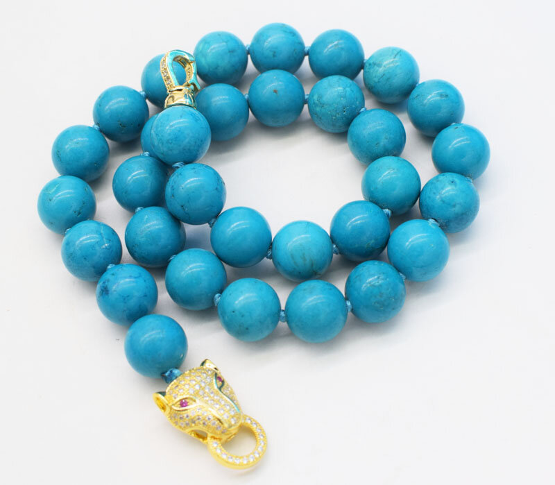 blue  turquoise necklace  round 12mm 18" nature  wholesale and yellow leopard clasp hook