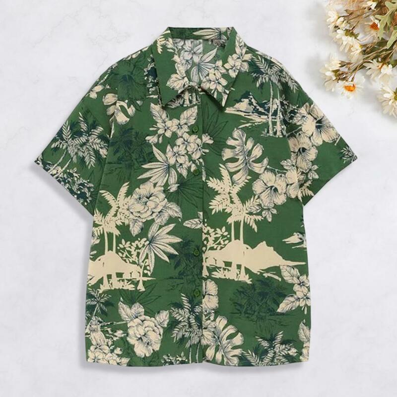 Trendy Summer Shirt  Patch Pocket Quick Drying Hawaiian Shirt  Summer Floral Leaves Print Hawaiian Shirt