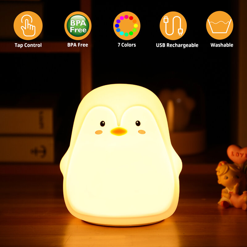 Cute Penguin LED Night Light para crianças, 7 lâmpada de quarto colorido, carregamento USB, proteção para os olhos, presentes para bebê
