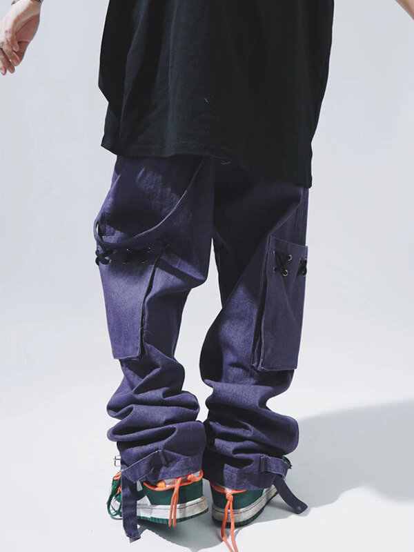 هوتشو فاسق البضائع الجينز الرجال الهيب هوب سراويل جينز ذكر كبير الحجم السراويل الحمراء Y2K اليابانية الشارع الشهير خمر جيوب فضفاضة