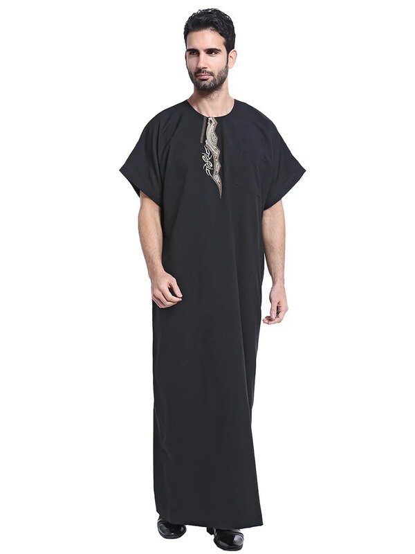 Arab Men Fashion Long Robes Short Sleeve Round Neck Robe Man Vintage Solid Color Muslim Kaftan Long Shirts Casual Jubba Thobe