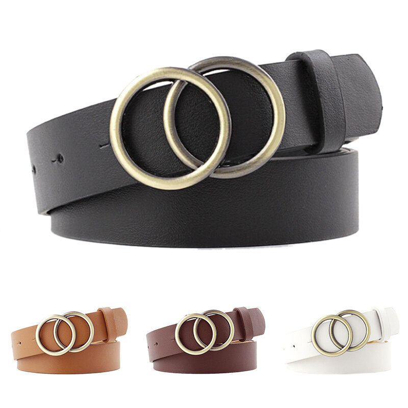 Cinturón de cuero con anillo redondo para mujer y niña, cinturón con hebilla doble de Metal, elegante, para Vaqueros