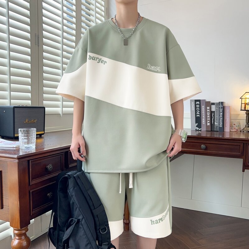 Спортивный костюм Y2k мужской из 2 предметов, футболка с коротким рукавом и шорты в стиле пэчворк, брендовая уличная одежда, лето 2024