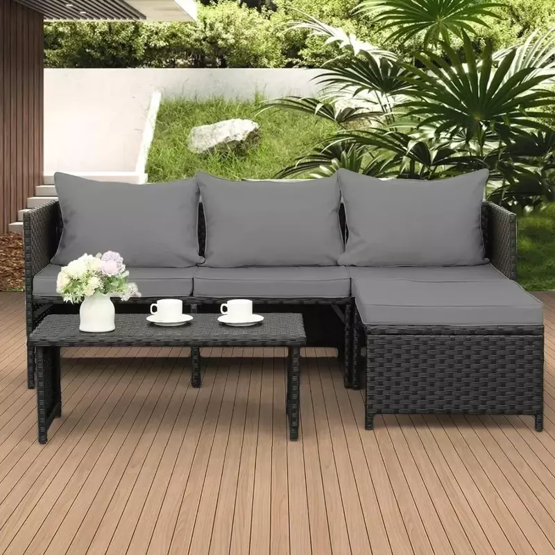 Set di mobili da esterno in Rattan PE da 3 pezzi Patio conversazione in vimini nero divano a due posti divano componibile cuscino grigio divani da giardino