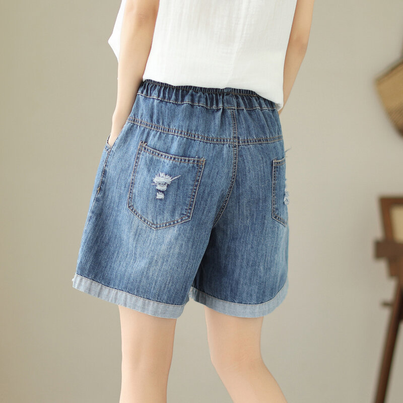 Aricaca celana pendek Denim desain tambalan bordir wanita M-2XL kasual celana pendek biru muda