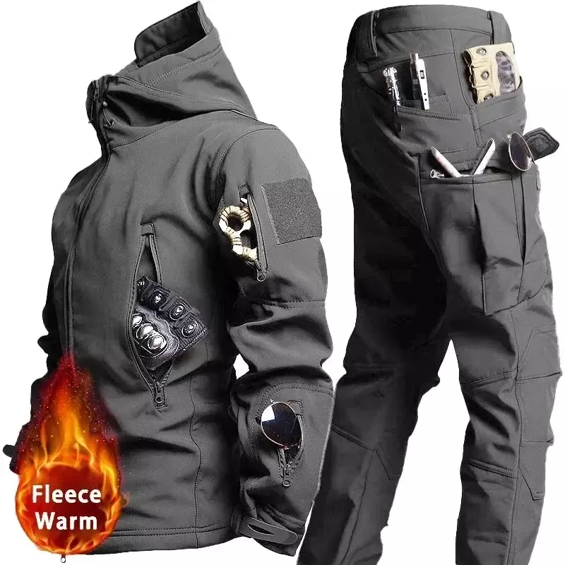 Камуфляжный военный флисовый теплый комплект, зимняя тактическая куртка из мягкой кожи акулы + армейские брюки-карго, уличный водонепроницаемый костюм с несколькими карманами