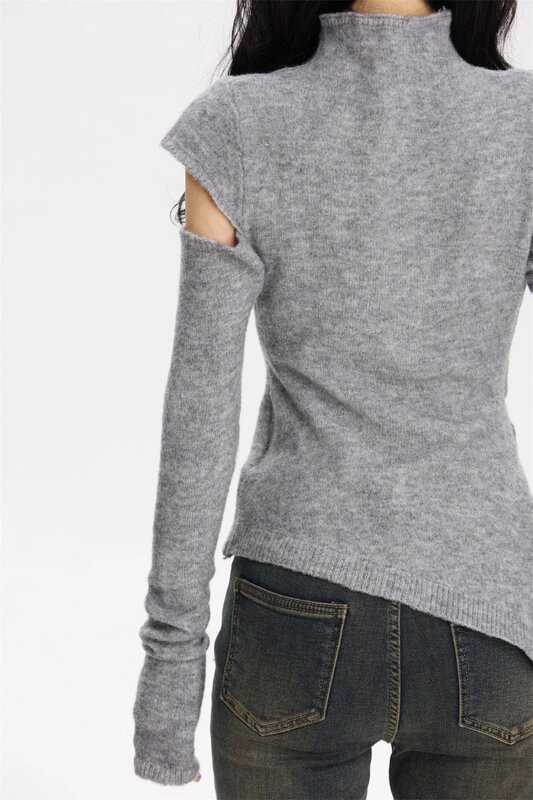 Maglione lavorato a maglia con collo alto alla moda con spalle scoperte per l'autunno nuovo stile Layup per maglione Pullover dal Design irregolare dimagrante