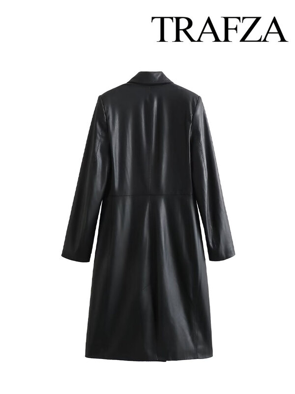 TRAFZA-Casaco de couro artificial feminino, mangas compridas, casaco de lapela, jaqueta preta, imitação elegante e chique, roupas oficiais, novas para o outono e inverno