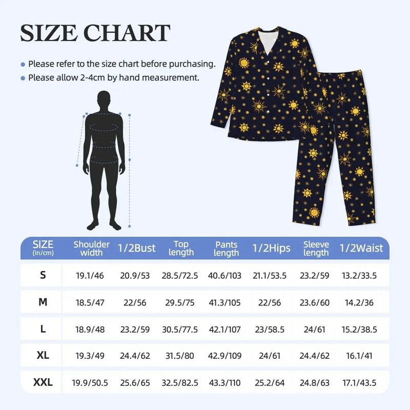 Conjunto de pijama com estampa solar dourado masculino, pijamas confortáveis, solto de grandes dimensões, gráfico, presente do lazer, sol, outono