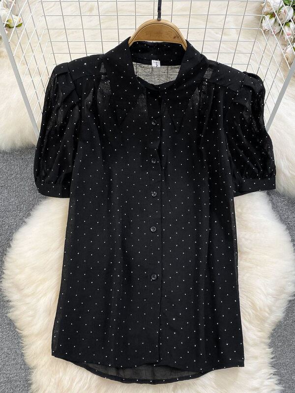 Conjunto de moda de manga corta para mujer, Camisa de gasa de lunares de cintura alta de un solo pecho y falda, verano, dos piezas