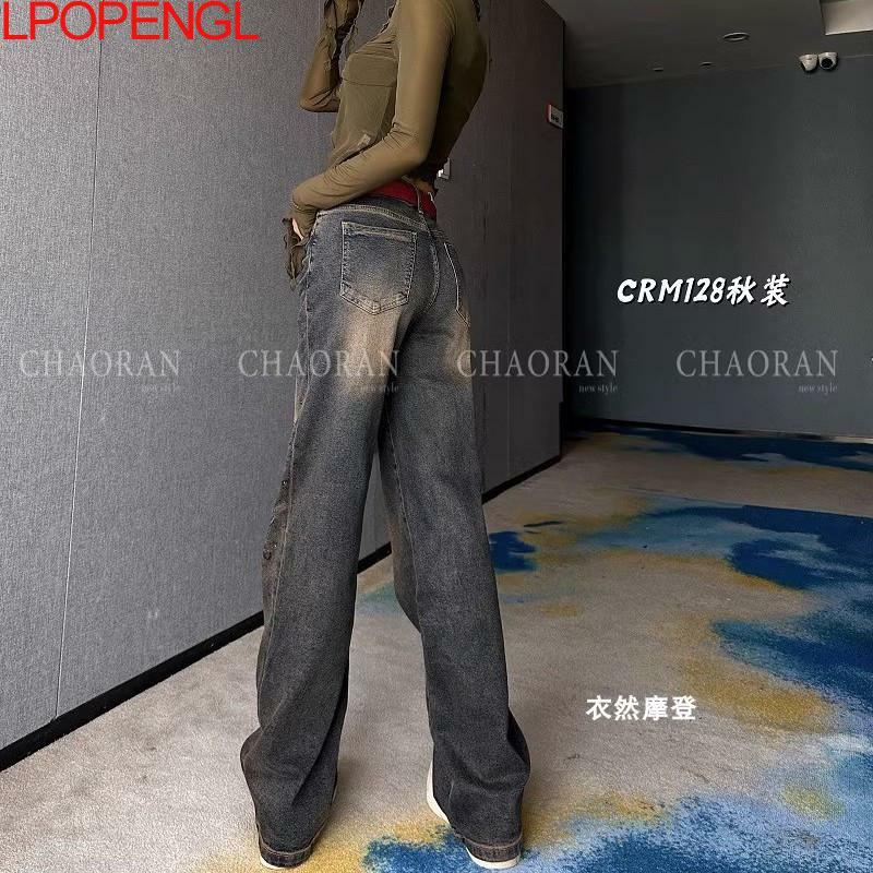 Jeans de cintura alta com bolsos para mulheres, calça reta vintage, streetwear solto com botão, perna larga e bordada, novo para o outono