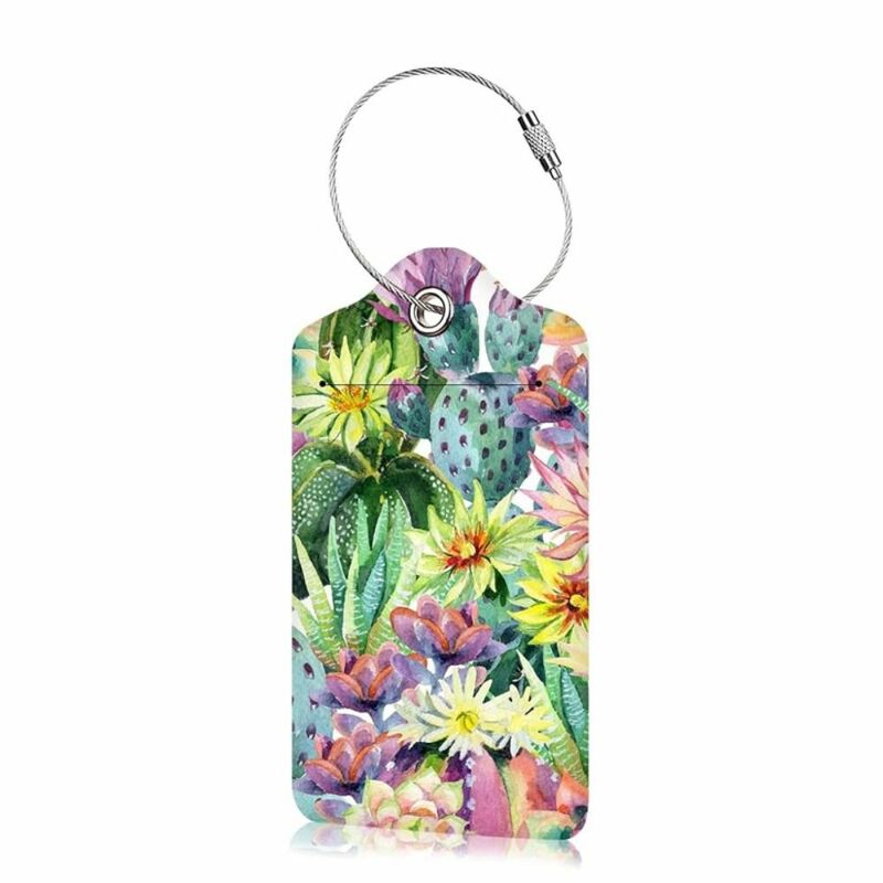 Floral Pattern Travel Luggage Tags with Privacy Cover PU Leather Suitcase Address Label Holder Stainless Steel Loop