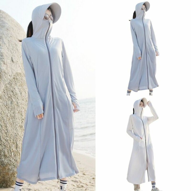 Casaco longo com capuz longo de seda solar, casaco protetor solar respirável, manga comprida, moletom de praia com capuz, verão