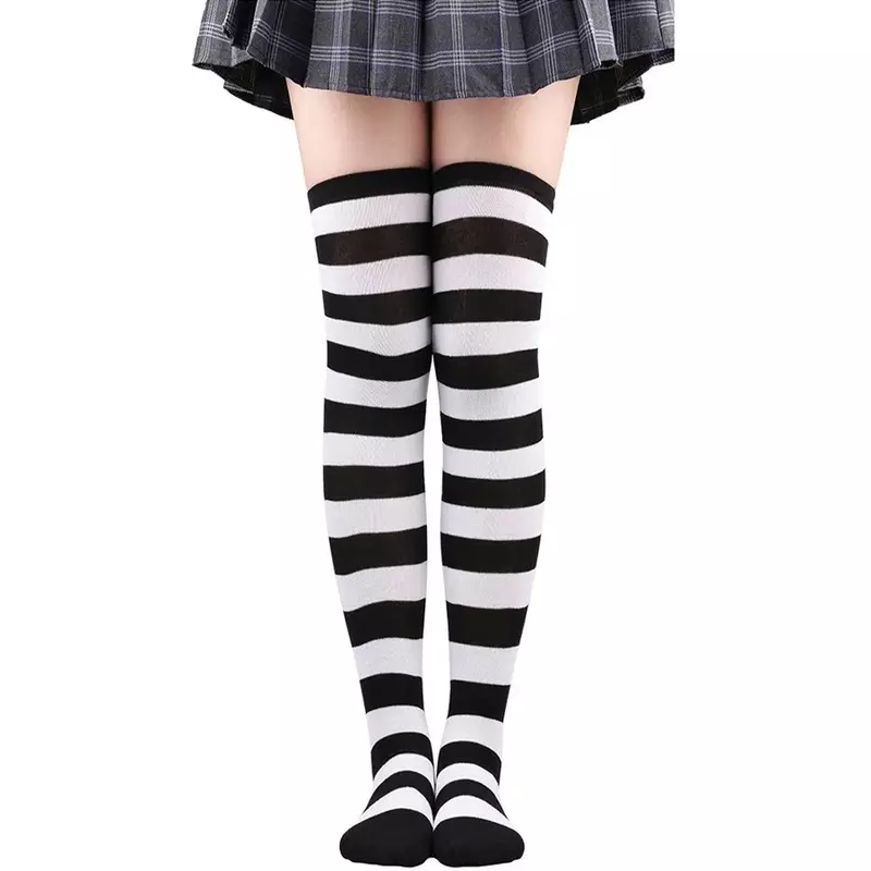 Bas de cuisse à rayures pour femmes, chaussettes au-dessus du genou, longues, noir, blanc, rose, cosplay Lolita, Harajuku, Y2k, 2024