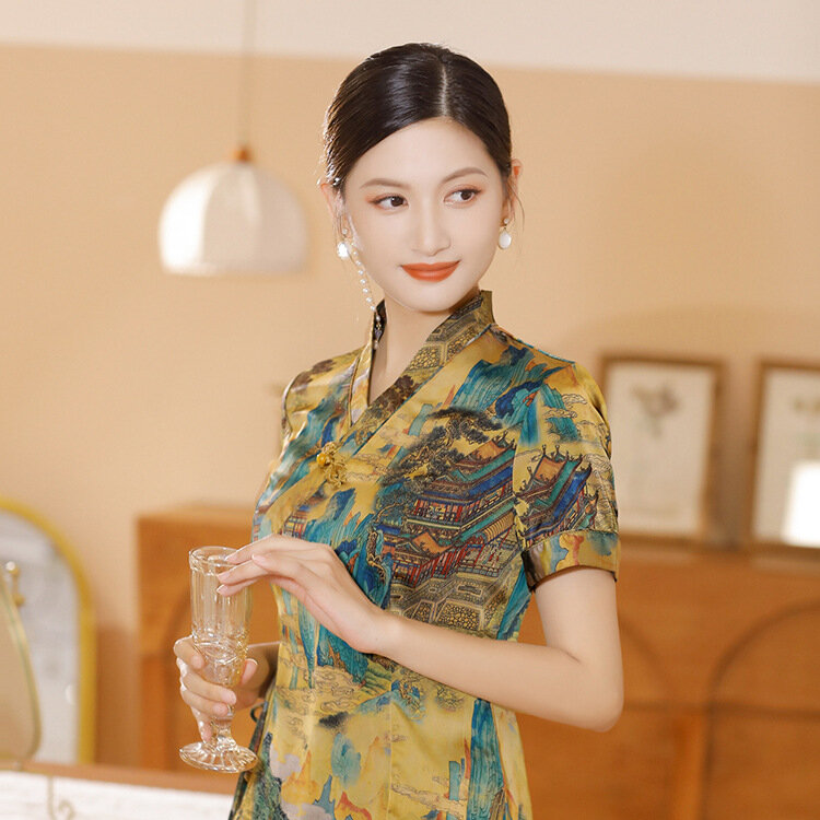 Casaco Tang com estampa de flor chinesa tradicional para mulheres, tops sensuais, camisa fina, seda macia, blusa vintage, roupas clássicas, plus size