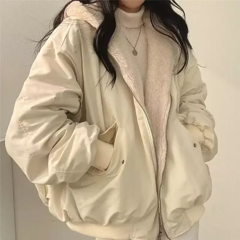 Koreanischer Samt verdickt reversible Lamm wolle Baumwoll mantel für Frauen Winter neue Reiß verschluss Kapuze Baumwoll mantel Top Reiß verschluss Hoodie y2k
