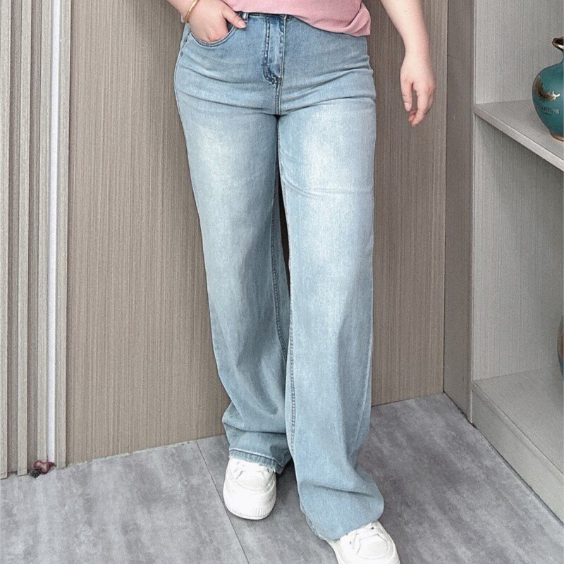 2024 Frühling Sommer neue gerade Jeans Frauen plus Größe Grundlagen dünne elastische Freizeit lose in voller Länge weites Bein Hosen
