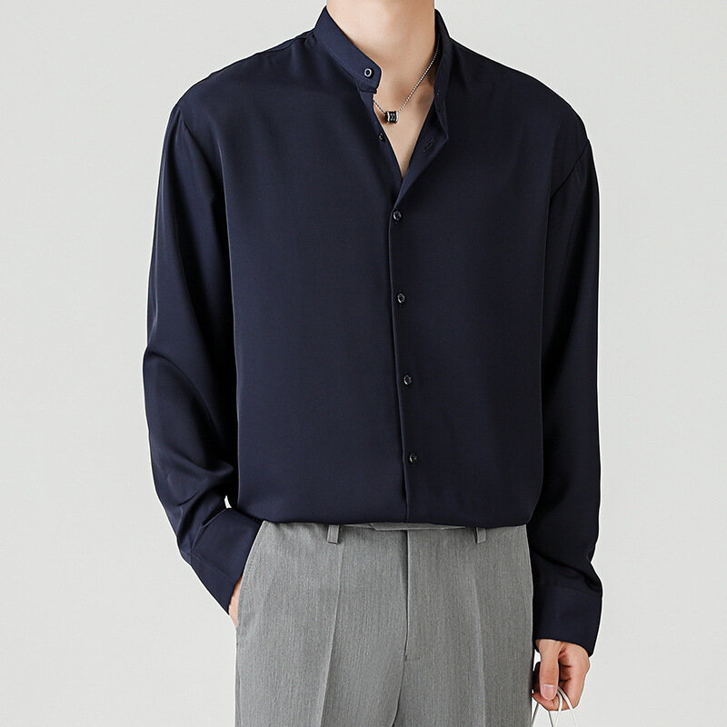 High-End Luxus dunkelblaue Hemden für Männer Frühling Langarm Stehkragen Knopf einfarbig kein Eisen seidig drapieren Herren hemden
