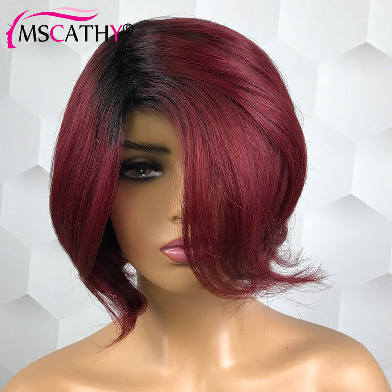 Pixie Cut Bob Wig Remy Human Hair Wigs for Women None Lace Full Machine Made Wig Short Bob Wig with Bangs Burgundy Color on Sale